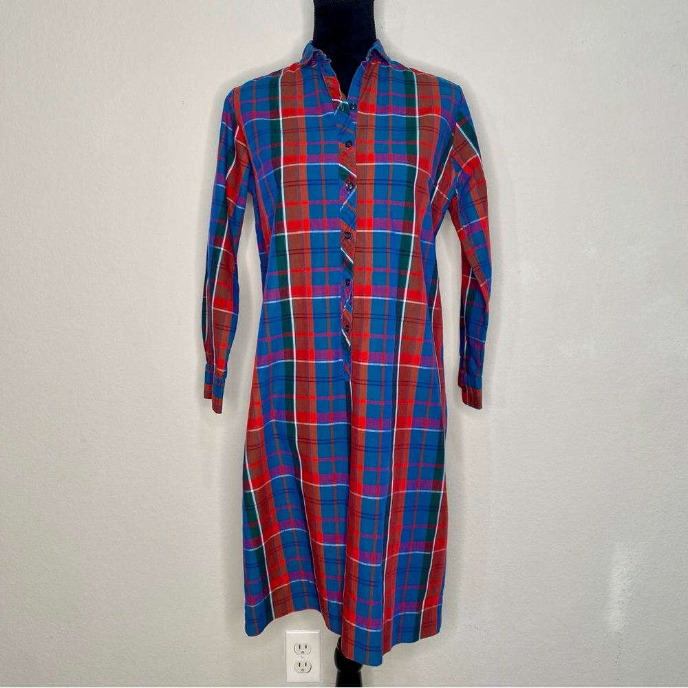 Vintage 60s 70s Lady Bayard Plaid Shirt Dress Made In USA Blue Red Green